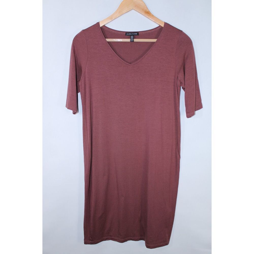 Eileen Fisher Women's XS Brick Red Stretchy V-Neck Dress‎